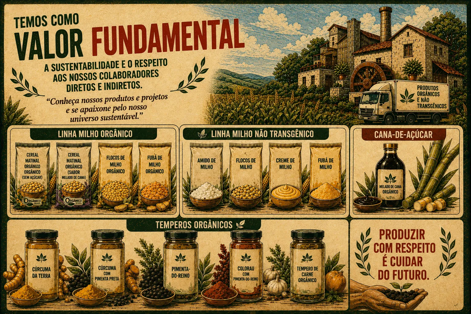 Valor fundamental: sustentabilidade e respeito aos colaboradores diretos e indiretos. O quadro completo das linhas Mano Velho — milho orgânico, milho não transgênico, cana-de-açúcar e temperos orgânicos. Produzir com respeito é cuidar do futuro.