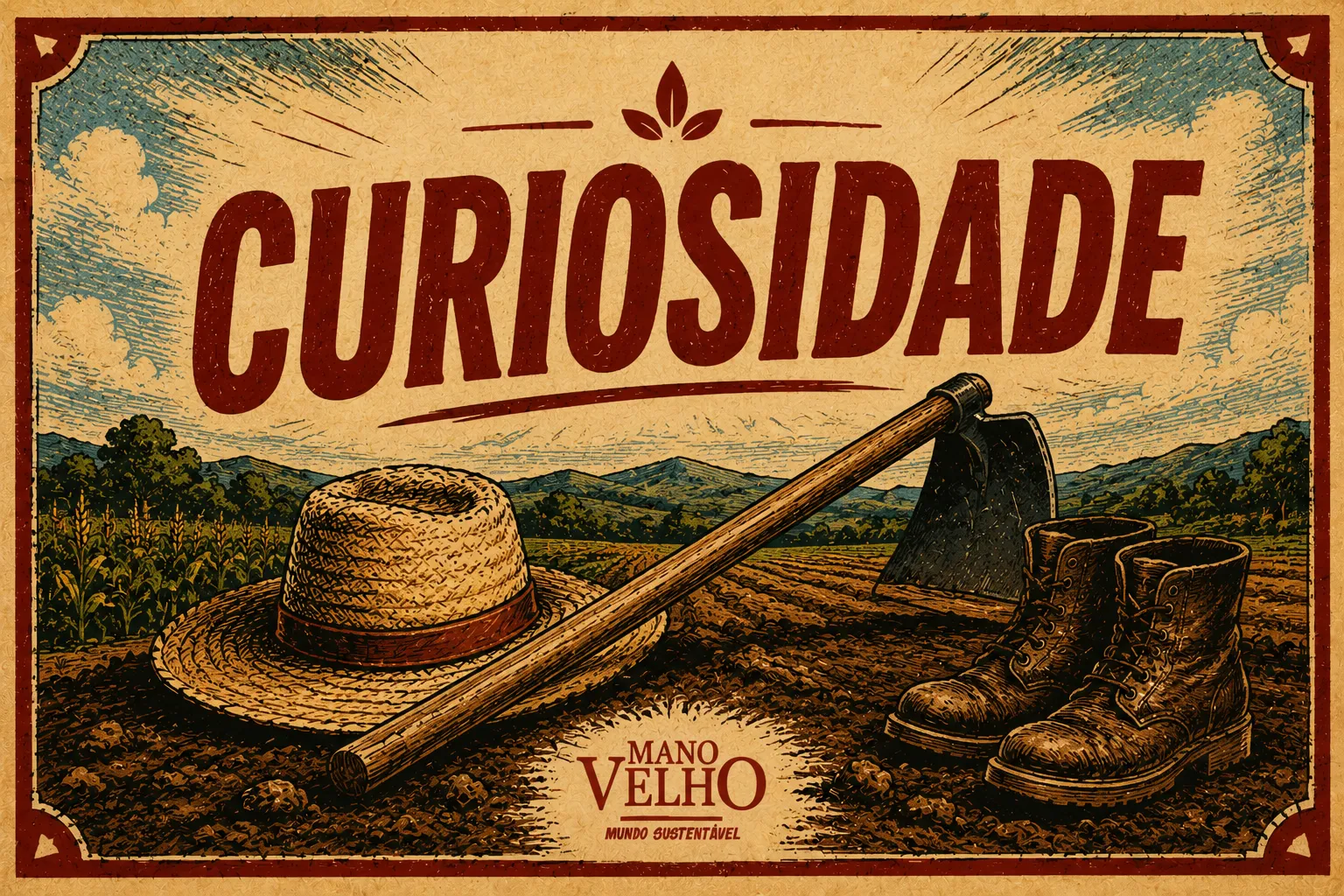 Curiosidade: um chapéu de palha, uma enxada e um par de botas na terra arada.