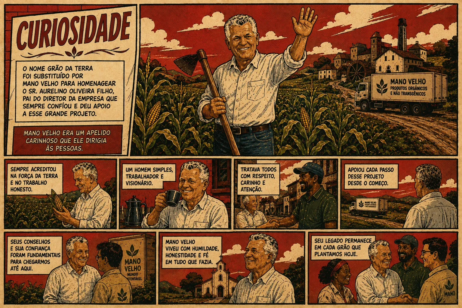 O nome Grão da Terra virou Mano Velho em homenagem ao Sr. Aurelino Oliveira Filho — “mano velho” era o apelido carinhoso que ele dava às pessoas. Homem simples, trabalhador e visionário, acreditava na força da terra e no trabalho honesto. Seu legado permanece em cada grão plantado hoje.
